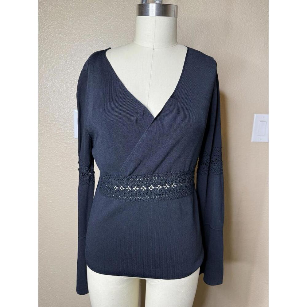 Cabo V-neck  Women Sweater Black Size‎ Xl Crochet Inserts Waist And Sleeve